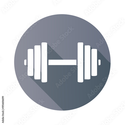 White dumbbell icon with long shadow on a gray gradient circle background representing fitness and strength training