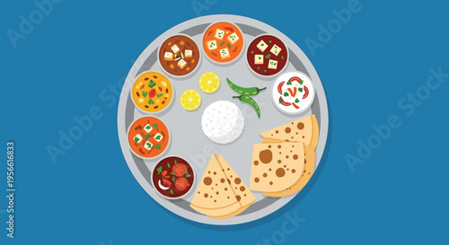 A vibrant and colorful indian thali meal arrangement showcasing diverse dishes and accompaniments a culinary silhouette high quality professional detailed