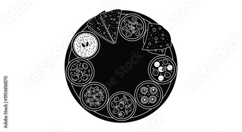 A circular arrangement of various foods including pizza fruit and snacks depicted in a stark silhouette high quality professional detailed modern