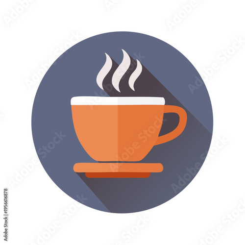 Flat design icon of a steaming hot orange coffee cup and saucer with long shadow
