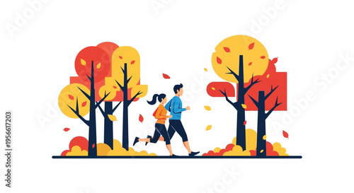A couple joyfully runs through an autumn forest with vibrant foliage depicted in a striking silhouette high quality professional detailed modern