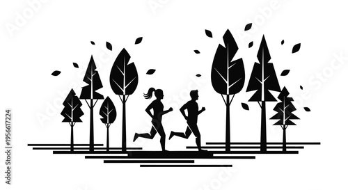 A couple is joyfully running through a stylized forest landscape depicted as a striking black silhouette high quality professional detailed modern