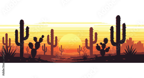 A vibrant desert landscape features various cacti in dark silhouette against a warm colorful sunset silhouette high quality professional detailed modern