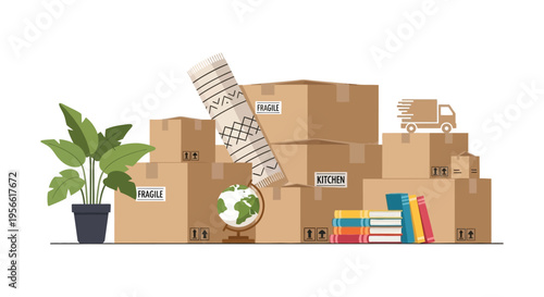 A colorful illustration depicts stacked moving boxes a potted plant and various items showcasing a relocation scene silhouette high quality professional