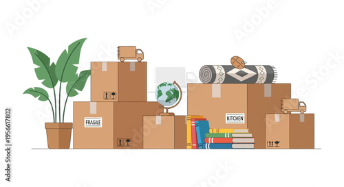 A colorful flat lay depicts moving boxes a globe books and plants creating a sense of transition and new beginnings silhouette
