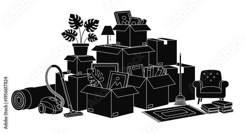 A black and white silhouette depicts a cluttered room filled with moving boxes furniture and plants silhouette high quality professional detailed