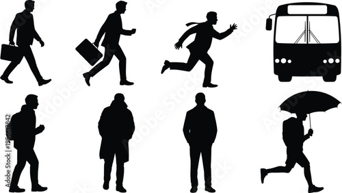 "Black silhouette illustration of commuters and travelers with bus, walking, running, carrying briefcase, umbrella, backpack, and standing figures representing urban daily transport"