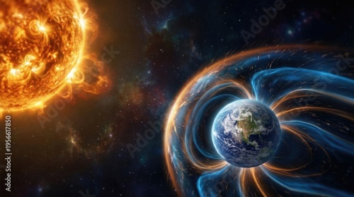 Sun, radiating intense solar flare, generating geomagnetic storm, affecting Earth's protective magnetosphere, deflecting energetic particle, creating celestial aurora.