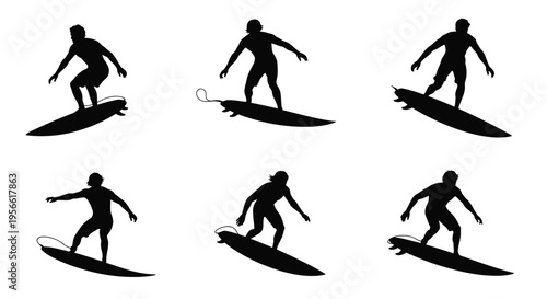Silhouettes of surfers riding waves in varying positions a dynamic action scene