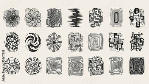 Diverse collection of abstract and symbolic line drawings featuring intricate patterns and motifs Vector