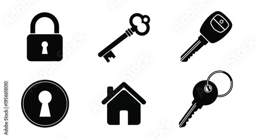Black silhouettes of a lock key house car key and keychains
