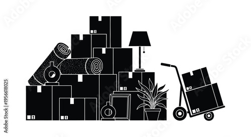 A collection of moving boxes a lamp plant and hand truck are depicted in stark black silhouette high quality professional detailed