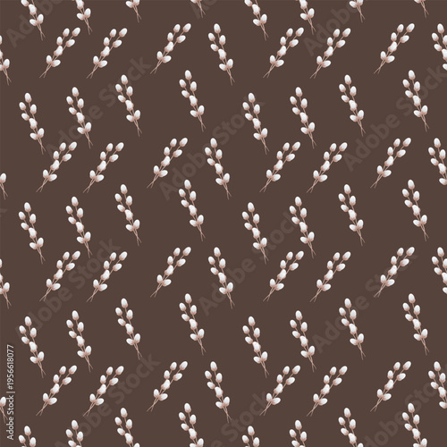 Seamless pattern featuring elegant pussy willow branches with soft white catkins arranged diagonally across a dark brown background.