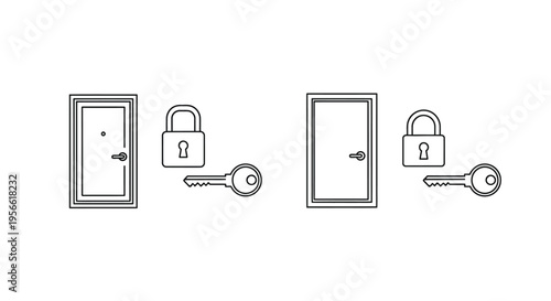 Line art depiction of doors locks and keys in a symmetrical arrangement