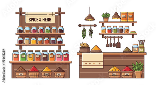 A colorful spice and herb market stall display with various jars baskets and produce silhouette high quality professional detailed modern elegant