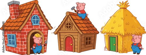 Three little pigs story illustration with brick, wood, and straw houses, cute cartoon characters building homes, classic fairy tale concept for children education and storytelling design