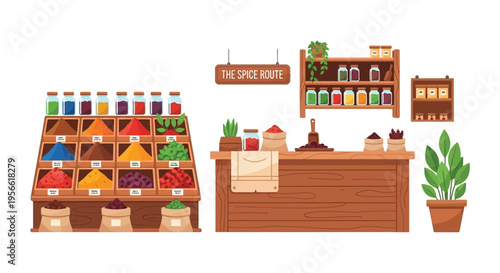 A colorful spice shop display with various jars and sacks presented in a flat illustrative silhouette high quality professional detailed modern