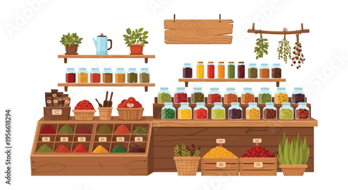 A colorful market stall displaying various spices herbs and preserves in glass jars and baskets silhouette high quality professional detailed modern