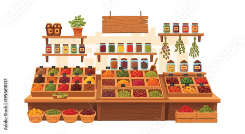 A colorful farmers market stand displays various preserved foods fresh produce and herbs in a charming silhouette high quality professional detailed