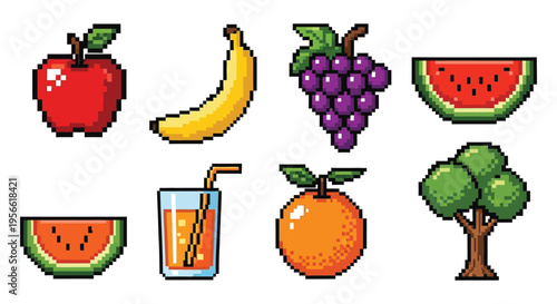 A colorful pixel art arrangement of various fruits and a juice glass presented as a flat design silhouette high quality professional