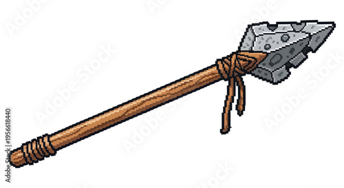 A detailed depiction of a pixelated stone axe with a wooden handle showcasing a distinctive flat silhouette high quality professional modern