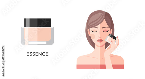 Woman applying foundation with brush in flat illustration for beauty advertising