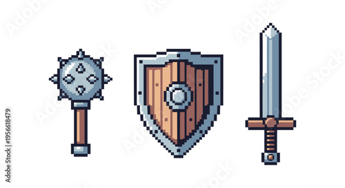 Pixel art depiction of a medieval mace shield and sword arranged in a static composition silhouette high quality professional detailed