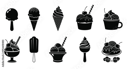 Collection of black silhouette ice cream and frozen dessert illustrations