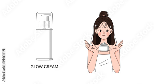 Woman presenting glow cream in minimalist illustration with soft pastel colors in flat lay format for skincare advertising