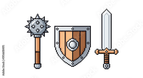 Pixelated depictions of a medieval flail shield and sword are presented in a striking dark silhouette high quality professional detailed modern