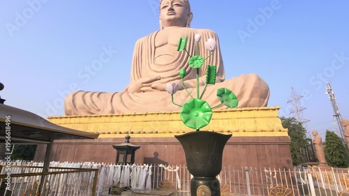 The Great Buddha statue in Bodh Gaya, Bihar, India. Famous Buddhist landmark near Mahabodhi Temple. Symbol of peace, meditation, and spirituality attracting pilgrims and tourists worldwide.
