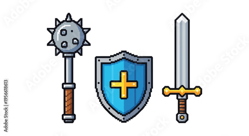 Pixel art depiction of a medieval mace sword and shield arranged on a white background a striking silhouette high quality professional