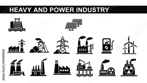 Illustrated icons depicting various aspects of the heavy and power industry machinery Vector