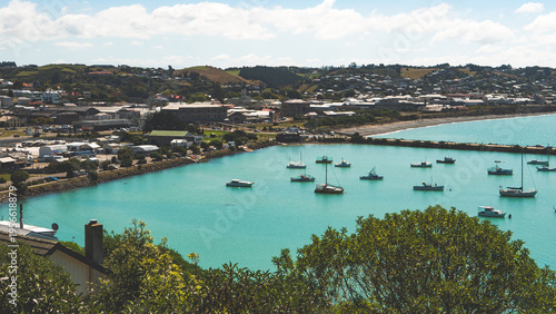 view from above oamaru town harbour sea side ocean calm blue clear scenery landscape beautiful tranquility 