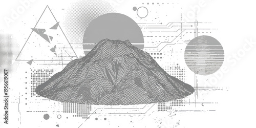 Abstract wireframe mountain volcano landscape with geometric shapes and halftone elements in futuristic technical blueprint style vector illustration