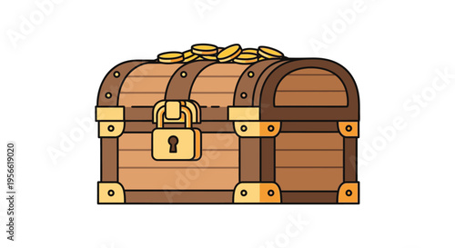 A colorful illustration depicts a wooden treasure chest overflowing with gold coins presented as a silhouette high quality professional detailed modern