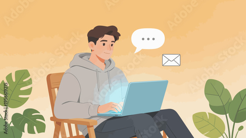 Man using laptop with plants