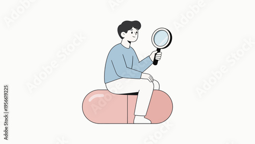 Person sitting on pill holding magnifying glass