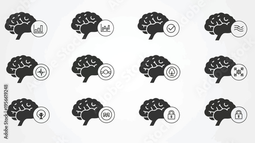Collection of stylized brain icons with varying expressions and orientations Vector