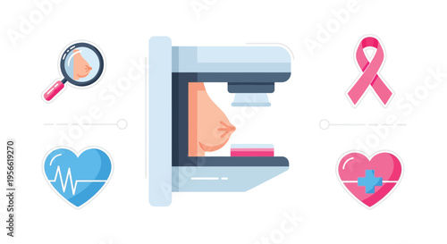 Illustrative depiction of a mammogram machine with supporting medical symbols emphasizing breast cancer awareness silhouette high quality professional detailed modern