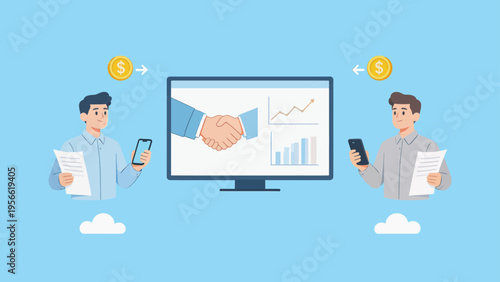 Two men with handshake on screen