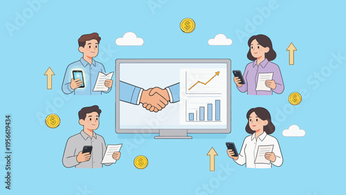 Business deal online with people and charts