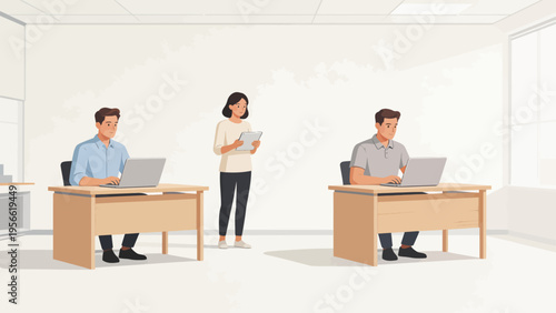 Office workers with laptops and tablet