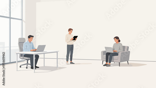 Office workers using laptops and tablet
