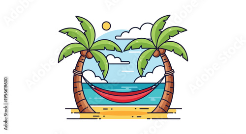 A vibrant illustration depicts a serene beach scene with palm trees a hammock and a golden sun silhouette high quality professional