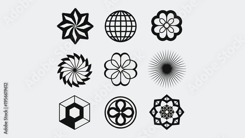 Intricate geometric patterns featuring symmetrical star and floral designs Vector