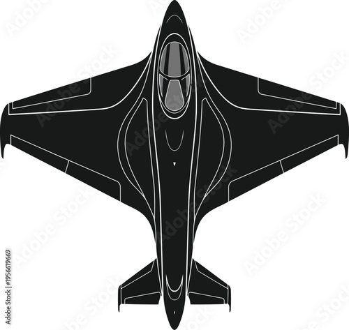 Top down view of a futuristic fighter jet aircraft with delta wings