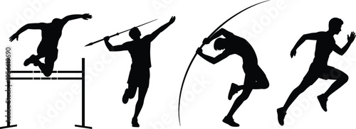 Black and white silhouette illustration of athletes performing track and field sports including hurdling, javelin throw, pole vault, and sprinting, symbolizing motion, strength, and competition.