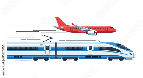 A vibrant illustration depicts a speeding train and airplane symbolizing rapid transportation and modern travel silhouette high quality professional detailed elegant