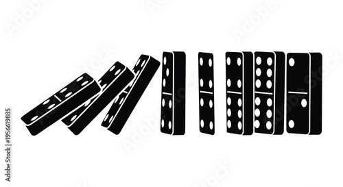 A series of black dominoes shown falling in a chain reaction creating a dynamic visual effect silhouette high quality professional